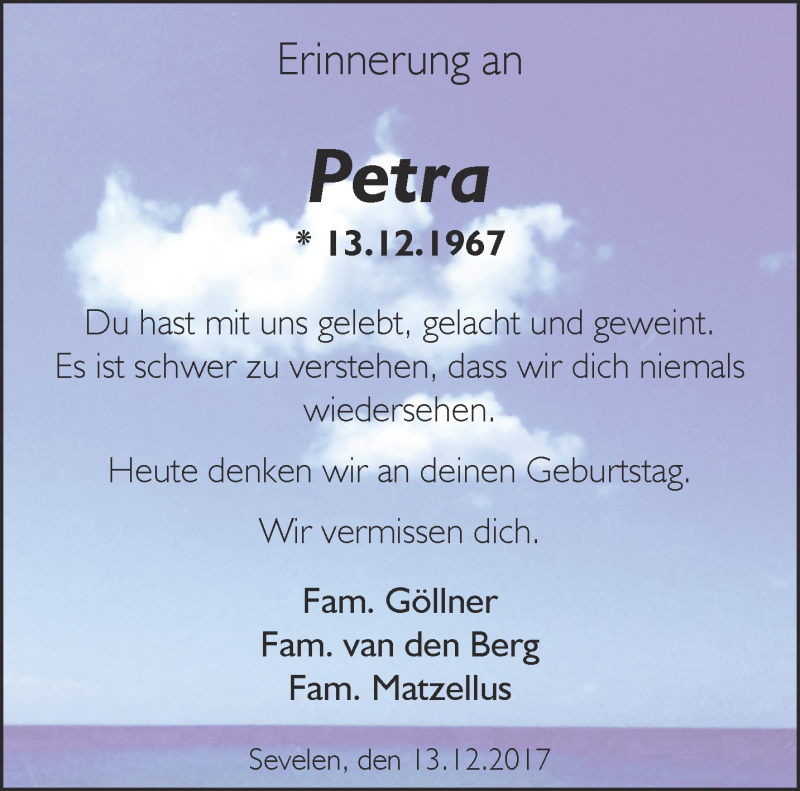  Traueranzeige für Petra van den Berg vom 13.12.2017 aus 