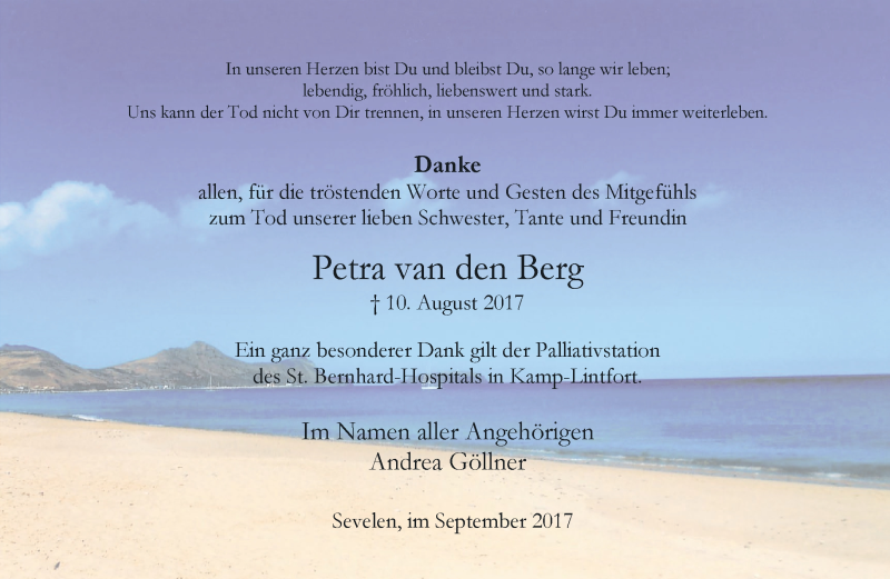  Traueranzeige für Petra van den Berg vom 16.09.2017 aus 