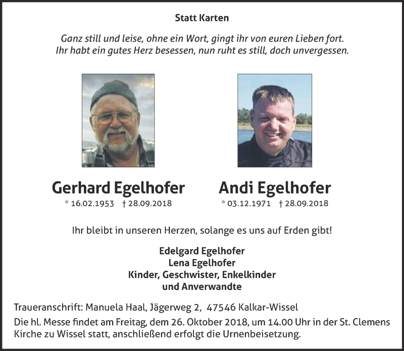  Traueranzeige für Gerhard und Andi Egelhofer vom 20.10.2018 aus 