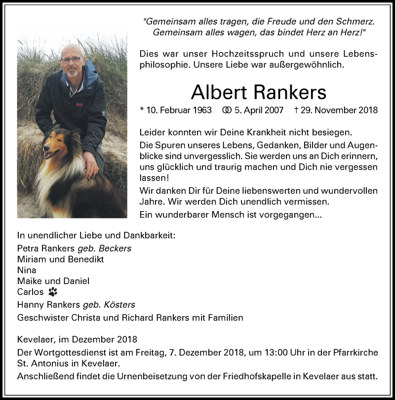  Traueranzeige für Albert Rankers vom 05.12.2018 aus 