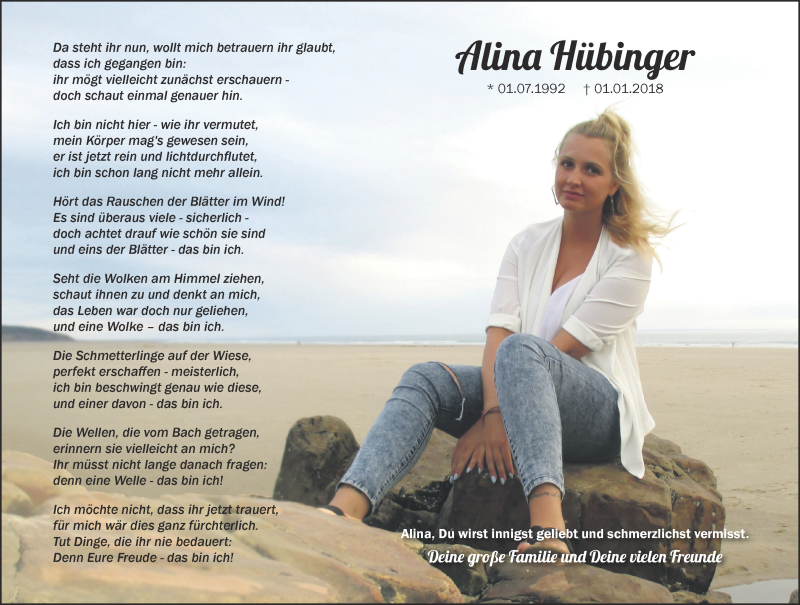  Traueranzeige für Alina Hübinger vom 29.12.2018 aus 