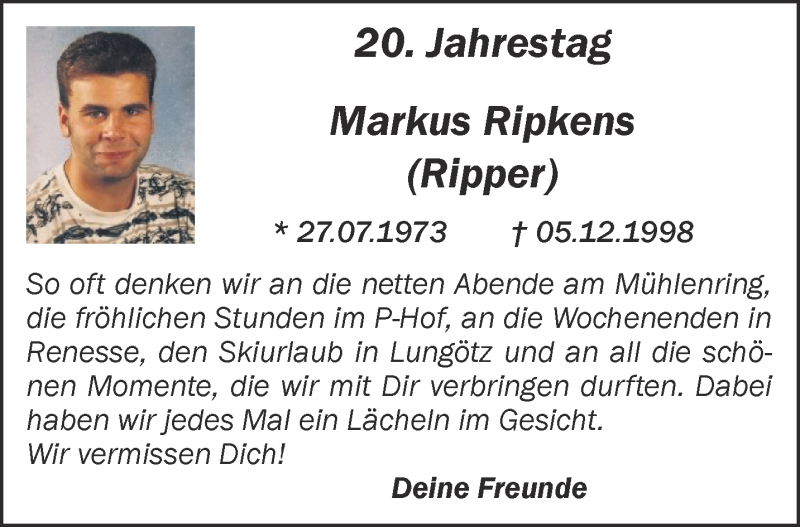  Traueranzeige für Markus Ripkens vom 05.12.2018 aus 