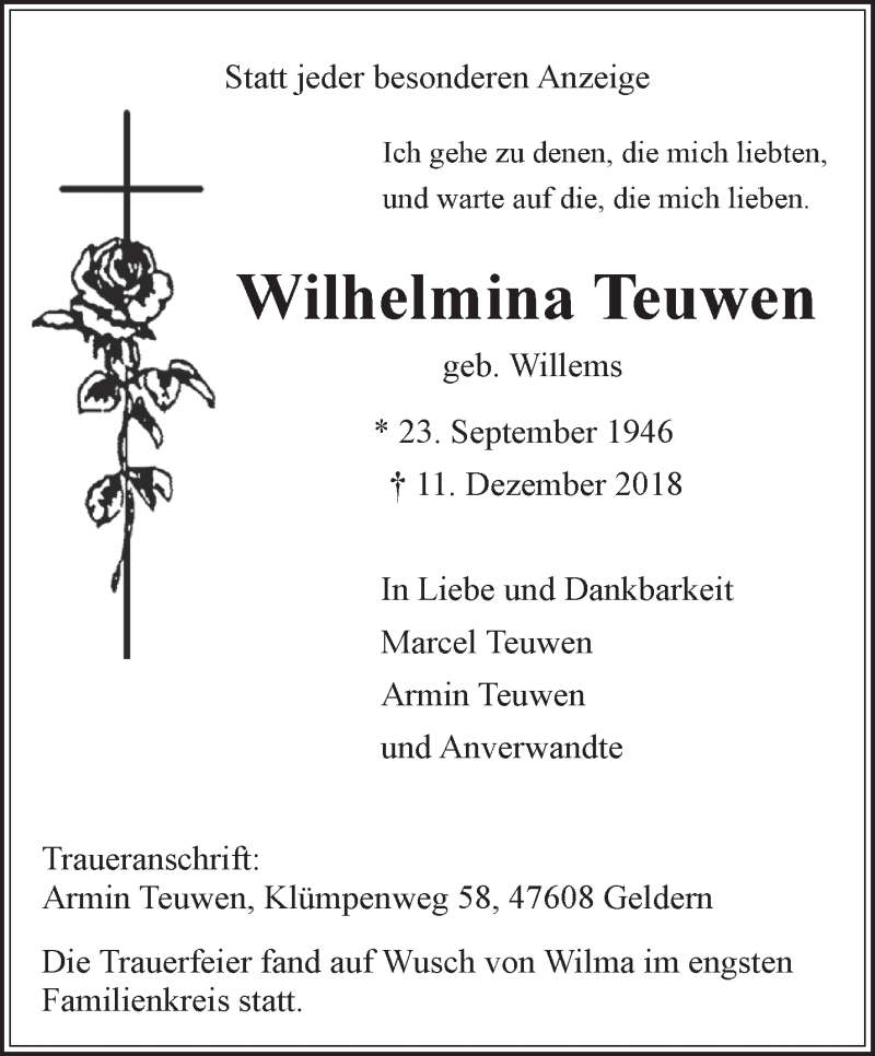  Traueranzeige für Wilhelmina Teuwen vom 22.12.2018 aus 