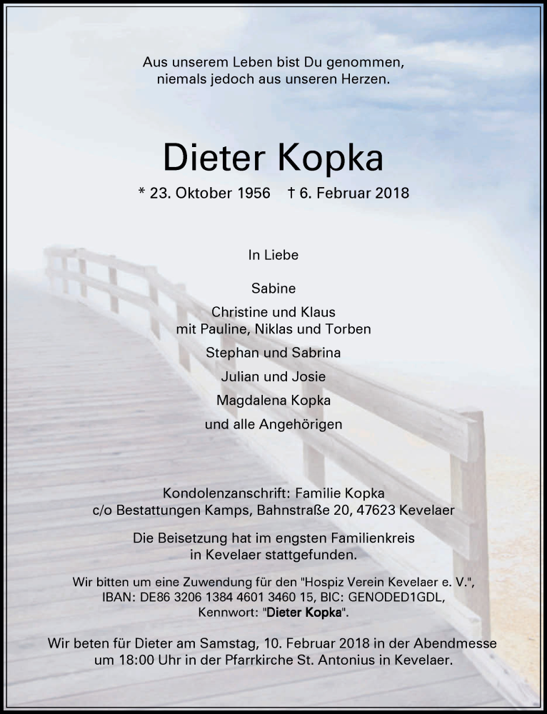  Traueranzeige für Dieter Kopka vom 10.02.2018 aus 