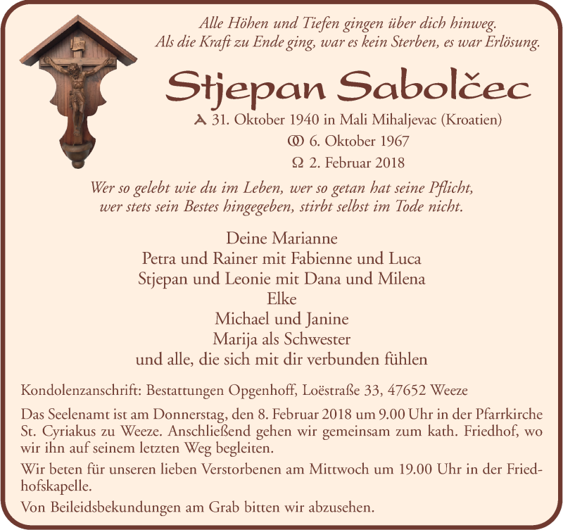  Traueranzeige für Stjepan Sabolcec vom 07.02.2018 aus 