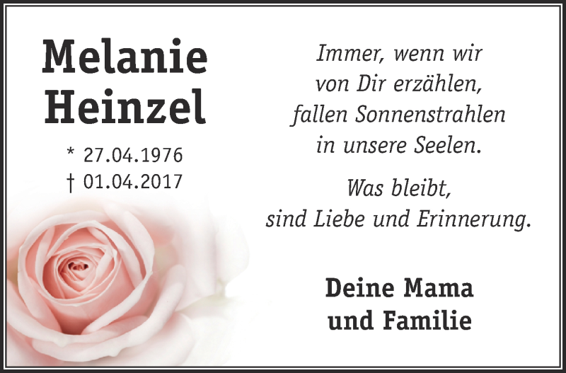  Traueranzeige für Melanie Heinzel vom 31.03.2018 aus 