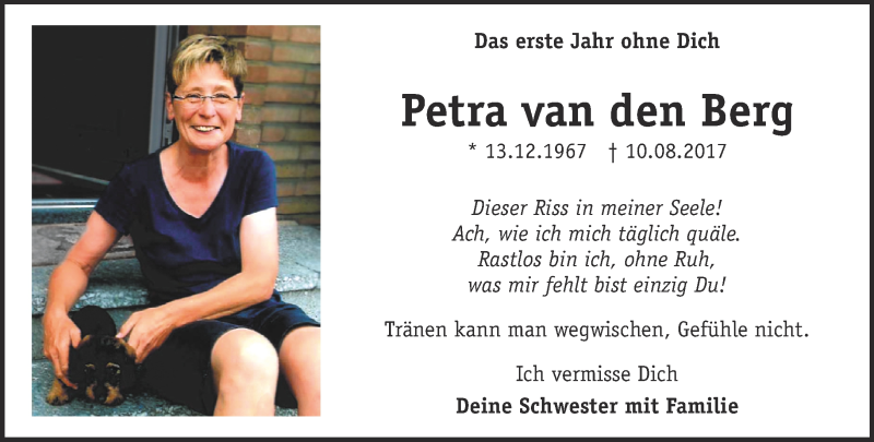 Traueranzeige für Petra van den Berg vom 11.08.2018 aus 