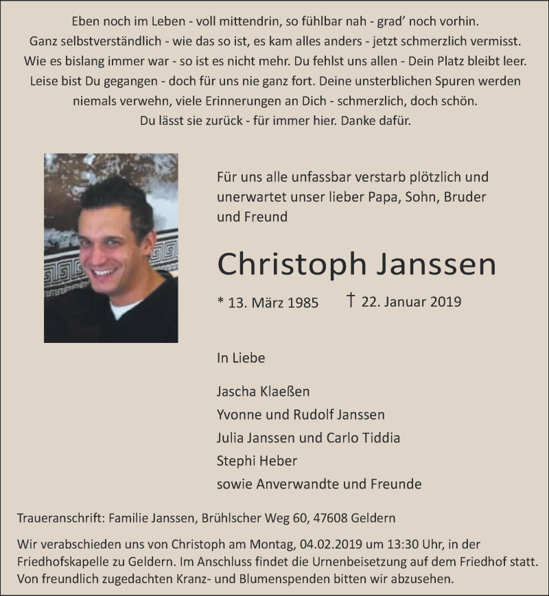  Traueranzeige für Christoph Janssen vom 30.01.2019 aus 