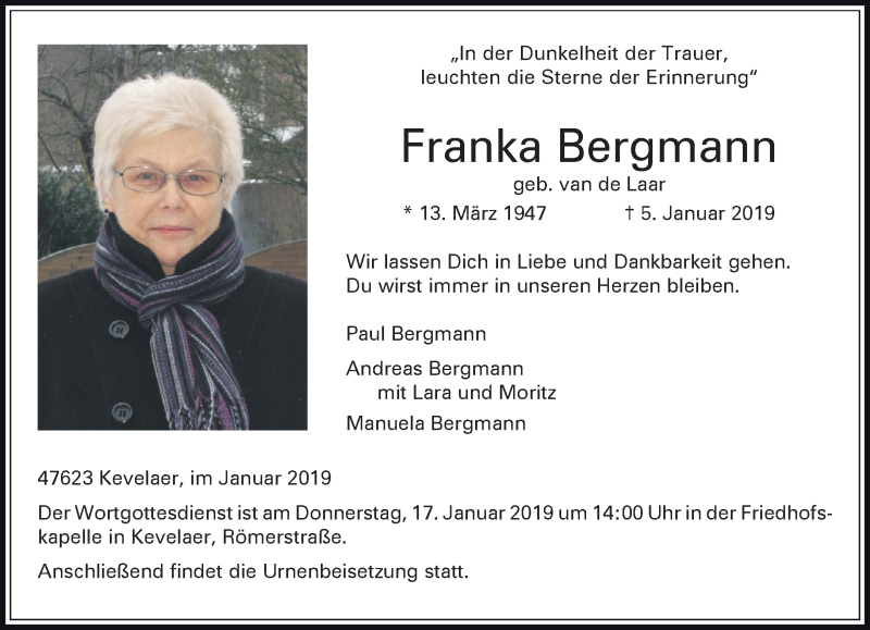  Traueranzeige für Franka Bergmann vom 16.01.2019 aus 