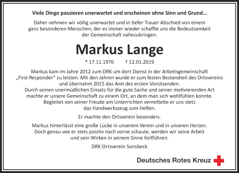  Traueranzeige für Markus Lange vom 23.01.2019 aus 