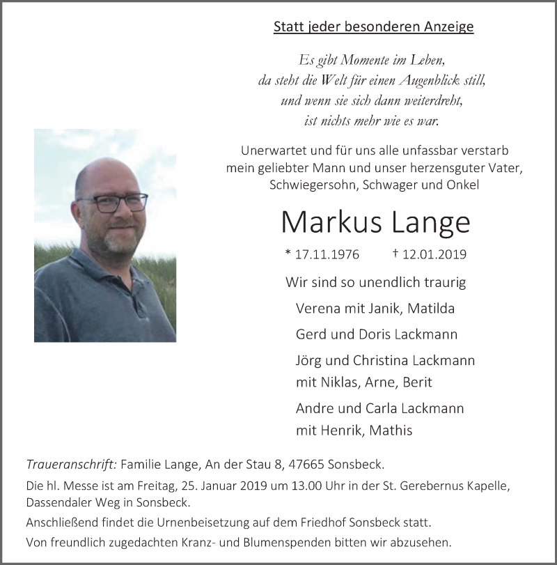  Traueranzeige für Markus Lange vom 19.01.2019 aus 