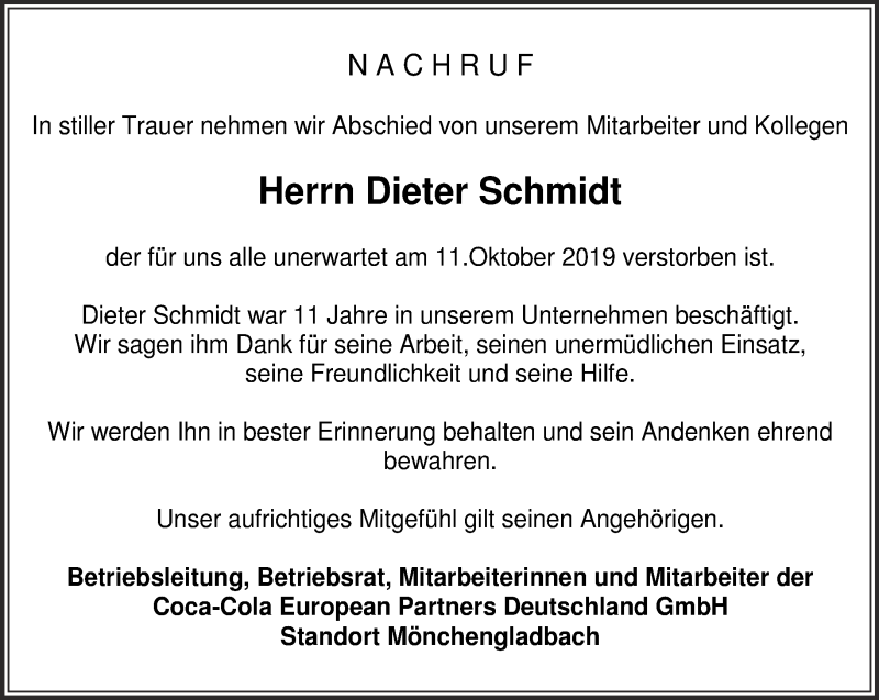  Traueranzeige für Dieter Schmidt vom 23.10.2019 aus 