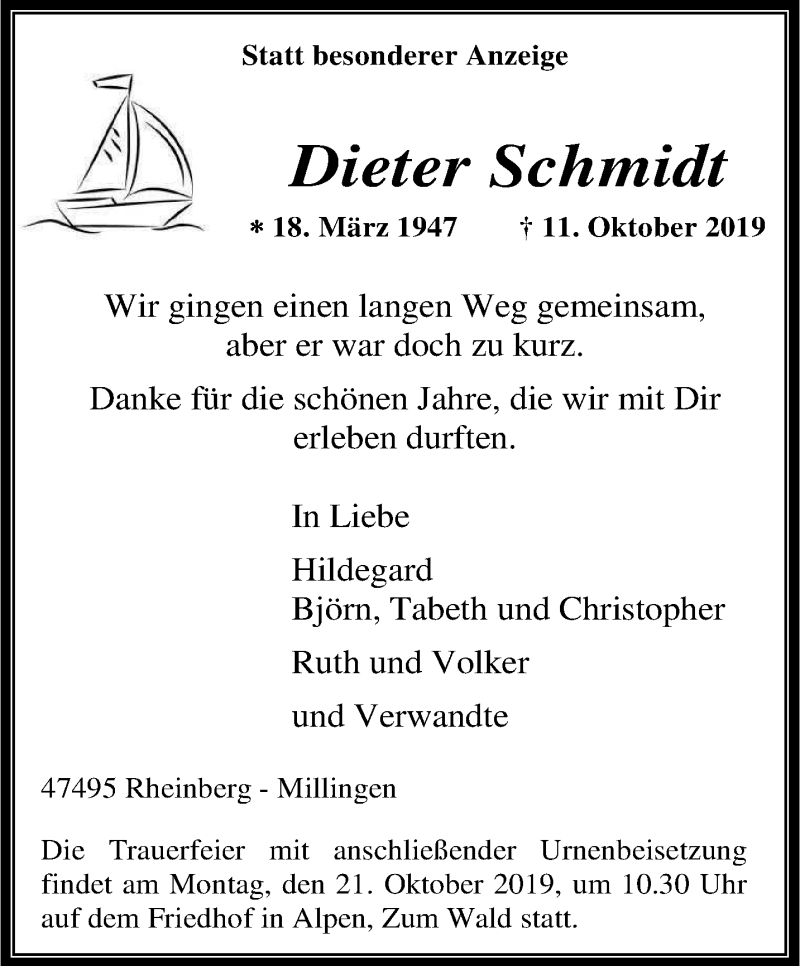  Traueranzeige für Dieter Schmidt vom 16.10.2019 aus 