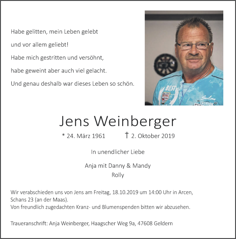  Traueranzeige für Jens Weinberger vom 12.10.2019 aus 