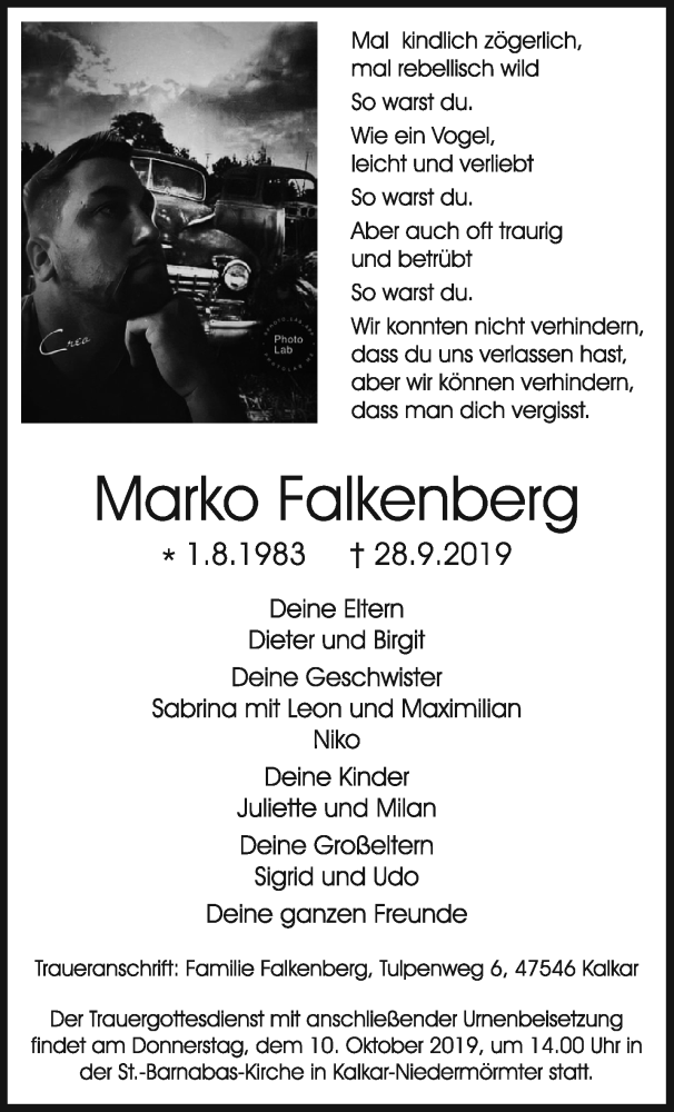  Traueranzeige für Marko Falkenberg vom 05.10.2019 aus 