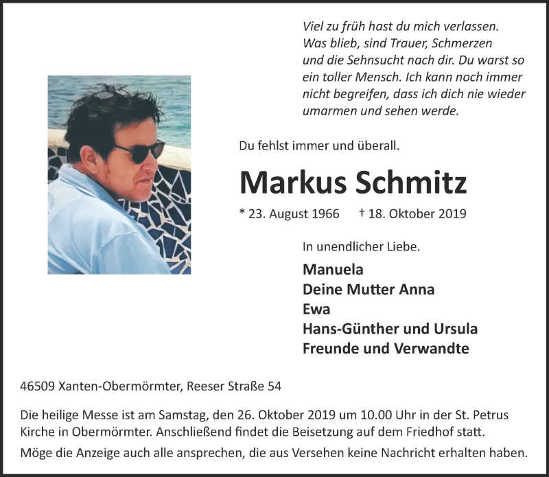  Traueranzeige für Markus Schmitz vom 23.10.2019 aus 