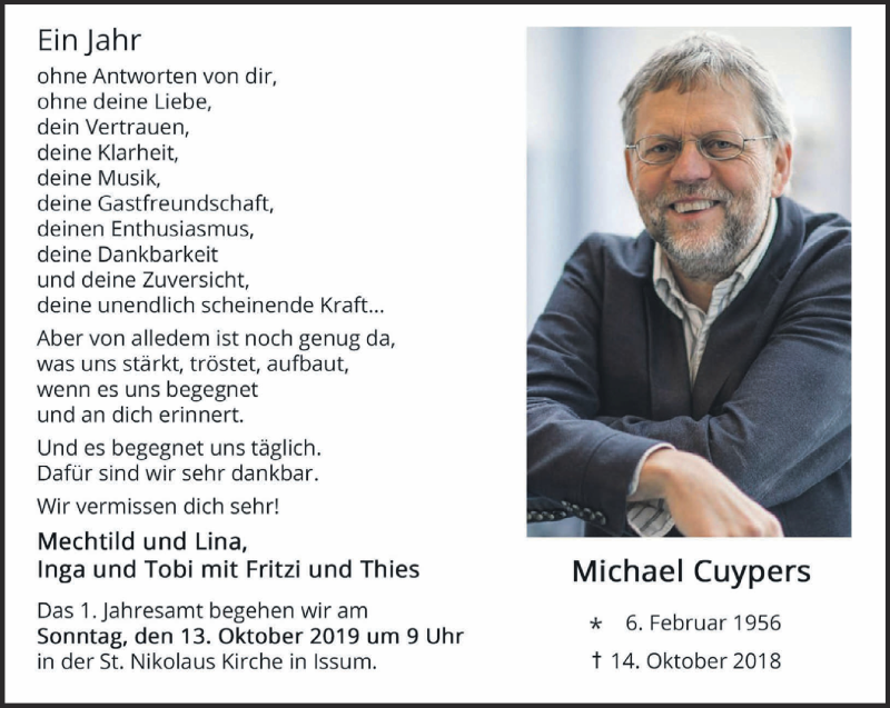  Traueranzeige für Michael Cuypers vom 05.10.2019 aus 