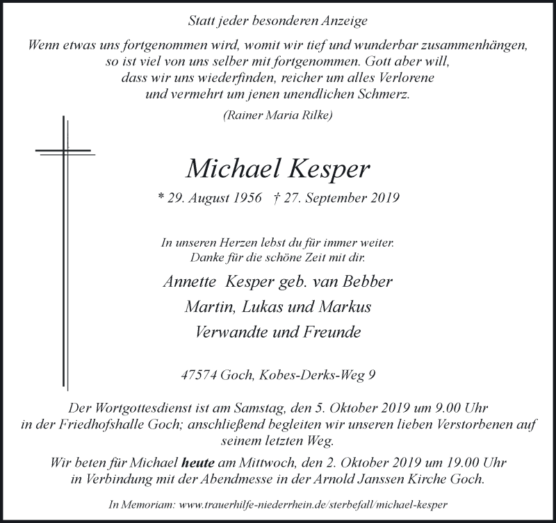  Traueranzeige für Michael Kesper vom 02.10.2019 aus 