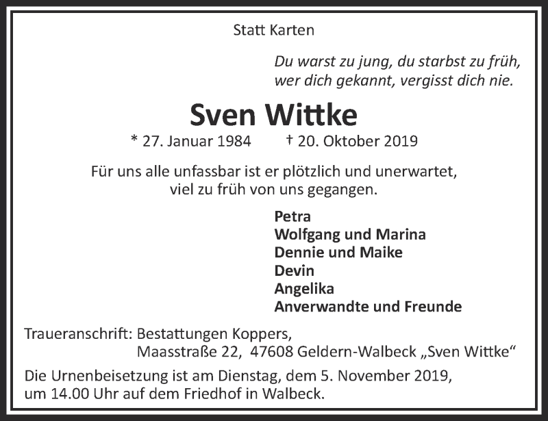  Traueranzeige für Sven Wittke vom 30.10.2019 aus 