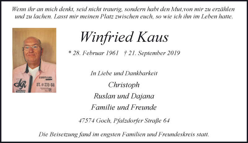  Traueranzeige für Winfried Kaus vom 02.10.2019 aus 