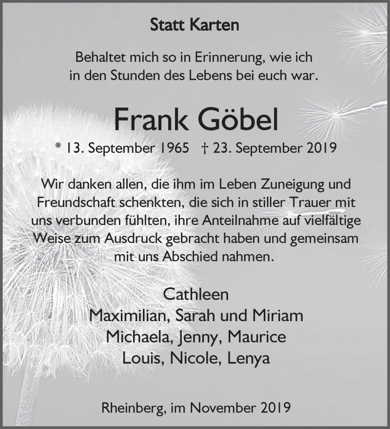  Traueranzeige für Frank Göbel vom 13.11.2019 aus 