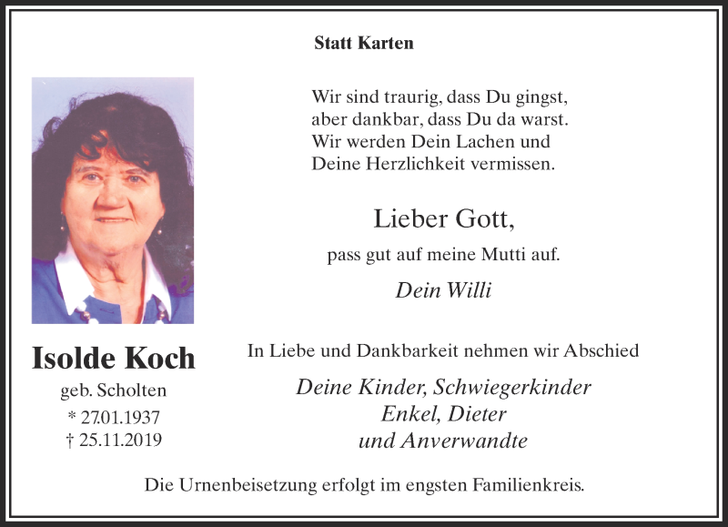  Traueranzeige für Isolde Koch vom 30.11.2019 aus 