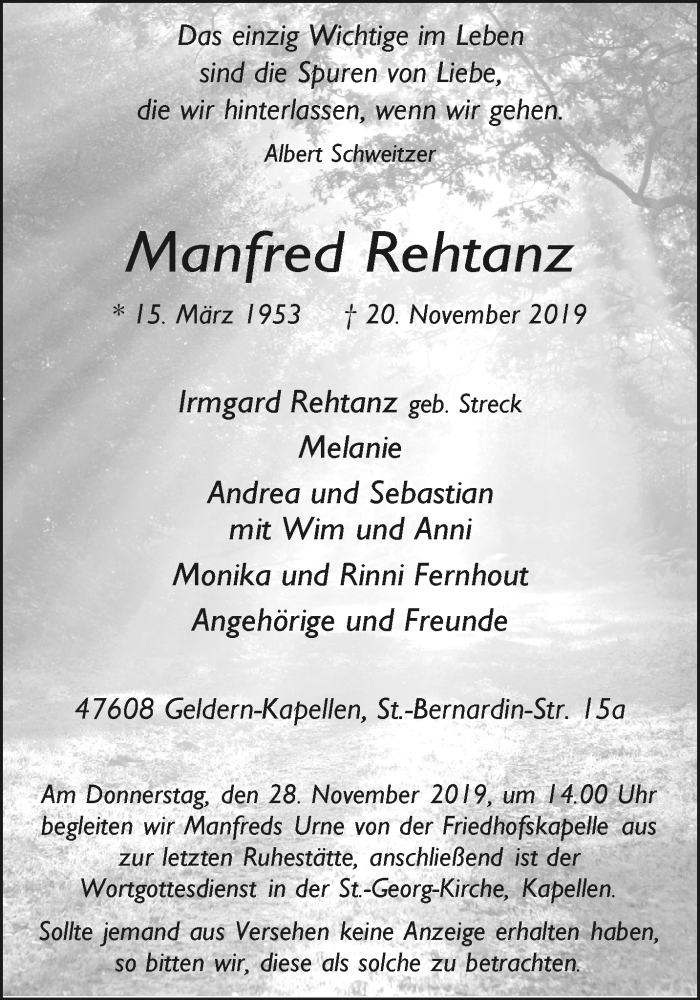  Traueranzeige für Manfred Rehtanz vom 27.11.2019 aus 