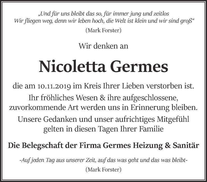  Traueranzeige für Nicoletta Germes vom 16.11.2019 aus 