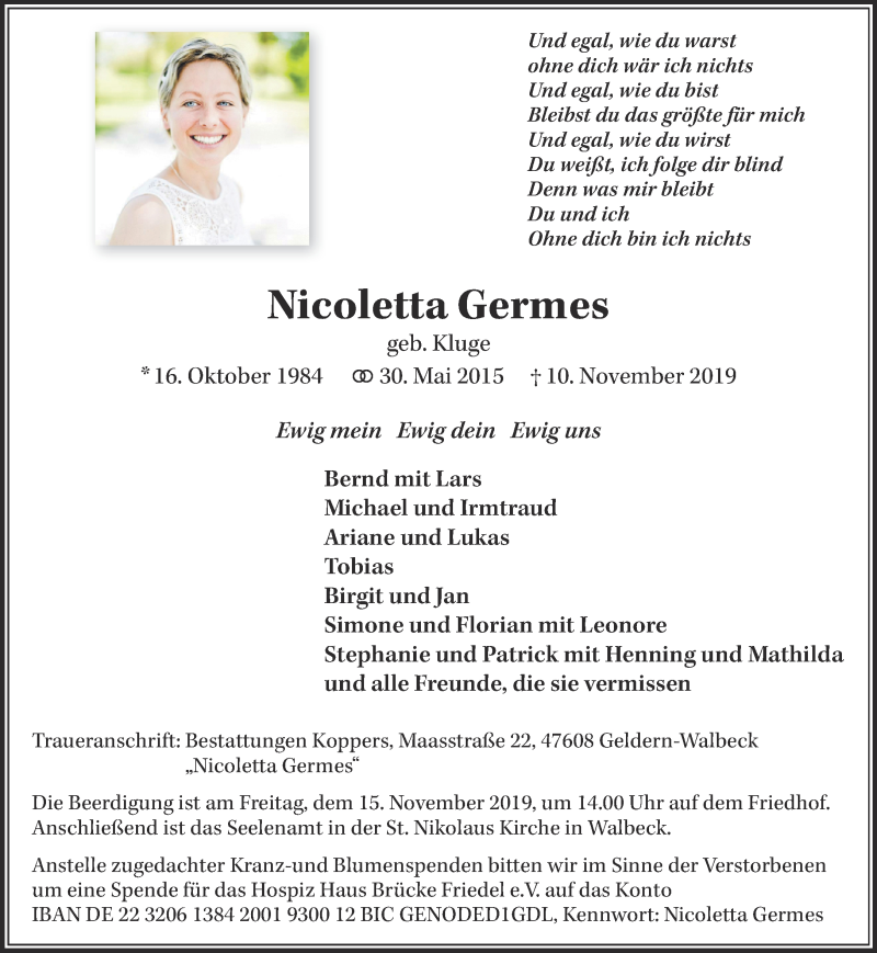  Traueranzeige für Nicoletta Germes vom 13.11.2019 aus 