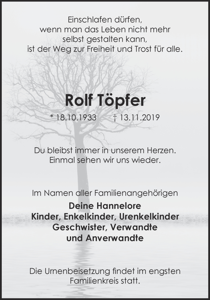  Traueranzeige für Rolf Töpfer vom 16.11.2019 aus 