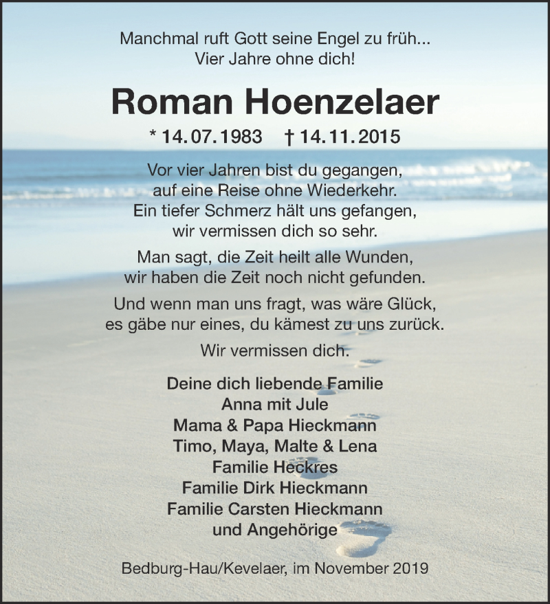  Traueranzeige für Roman Hoenzelaer vom 16.11.2019 aus 