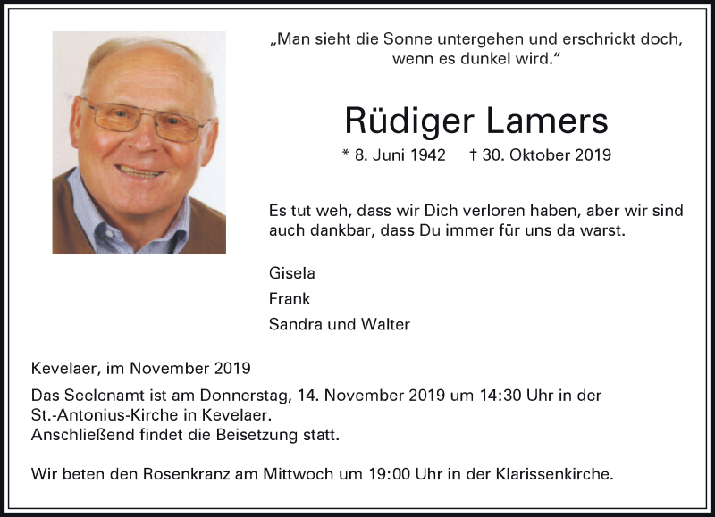  Traueranzeige für Rüdiger Lamers vom 09.11.2019 aus 