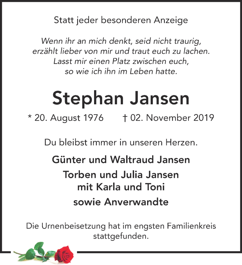  Traueranzeige für Stephan Jansen vom 23.11.2019 aus 