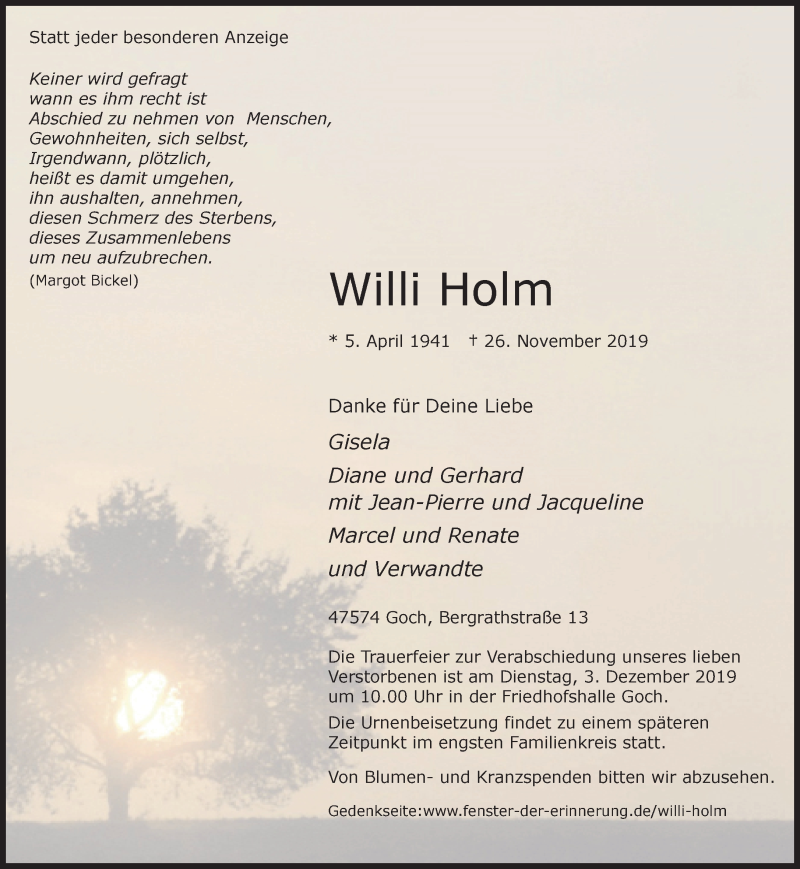  Traueranzeige für Willi Holm vom 30.11.2019 aus 
