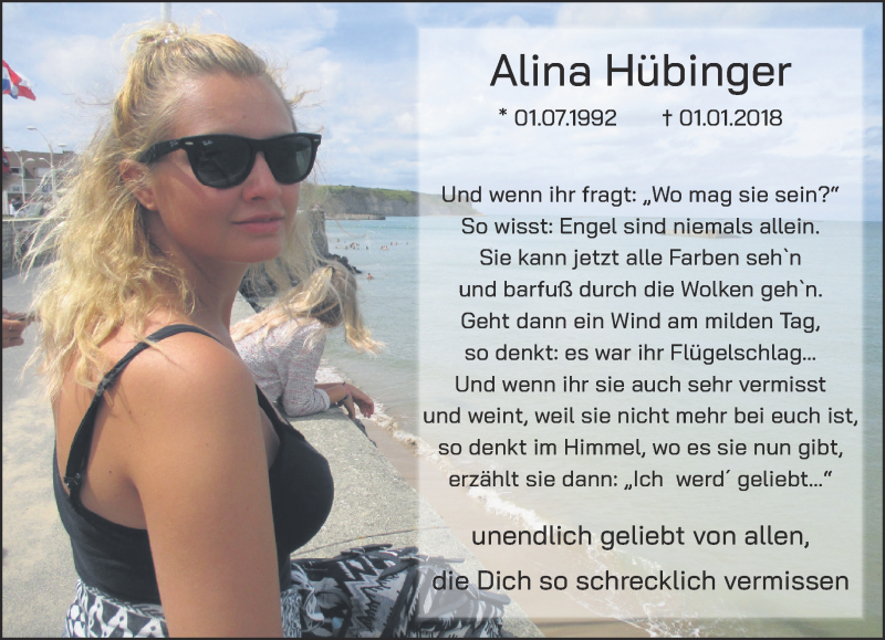 Traueranzeige für Alina Hübinger vom 28.12.2019 aus 