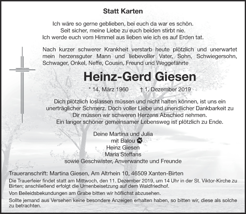  Traueranzeige für Heinz-Gerd Giesen vom 07.12.2019 aus 