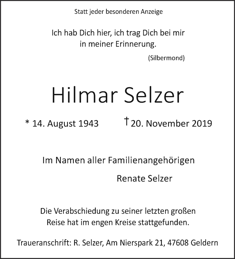  Traueranzeige für Hilmar Selzer vom 07.12.2019 aus 