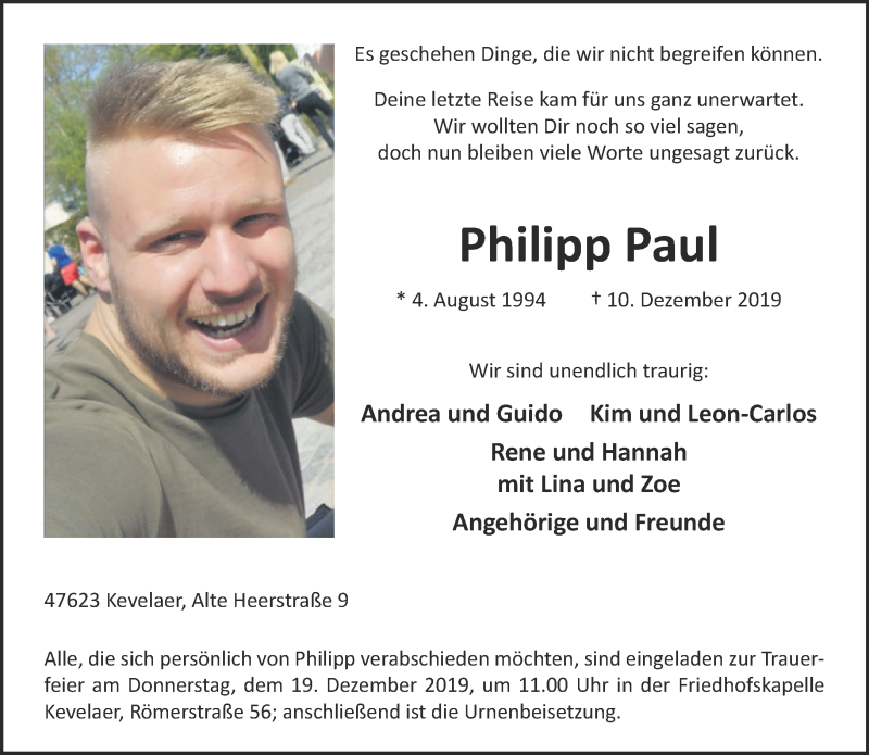  Traueranzeige für Philipp Paul vom 14.12.2019 aus 