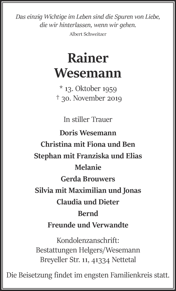  Traueranzeige für Rainer Wesemann vom 07.12.2019 aus 