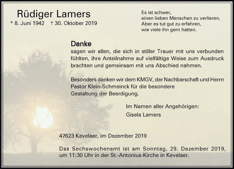  Traueranzeige für Rüdiger Lamers vom 21.12.2019 aus 