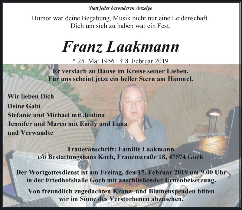  Traueranzeige für Franz Laakmann vom 13.02.2019 aus 