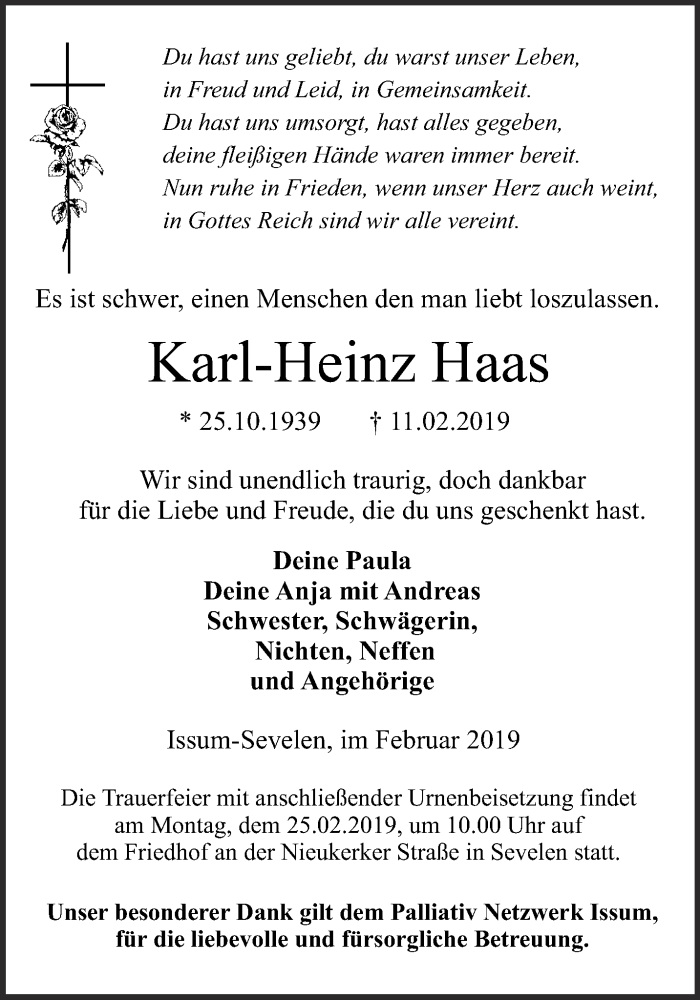  Traueranzeige für Karl-Heinz Haas vom 16.02.2019 aus 