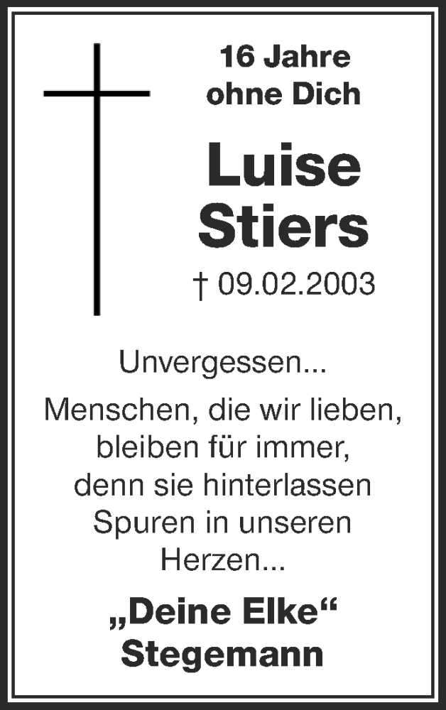  Traueranzeige für Luise Stiers vom 09.02.2019 aus 