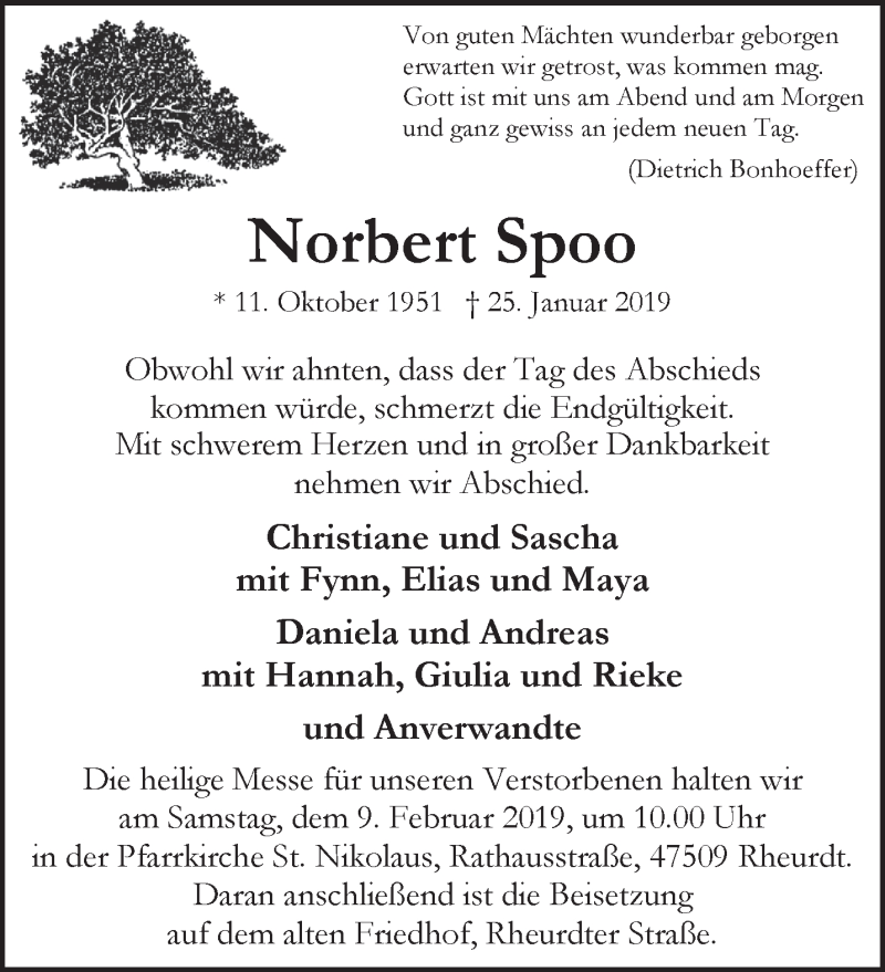  Traueranzeige für Norbert Spoo vom 02.02.2019 aus 