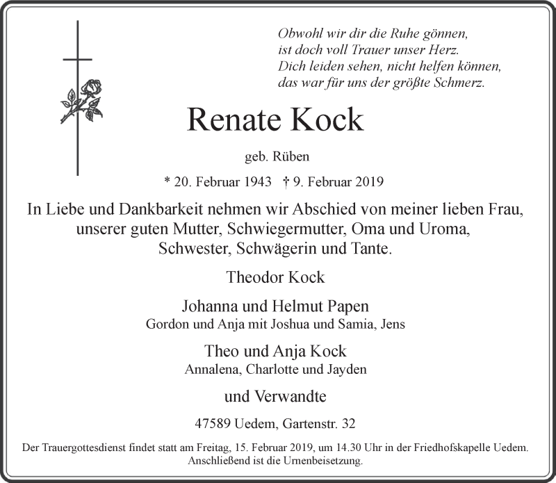  Traueranzeige für Renate Kock vom 13.02.2019 aus 