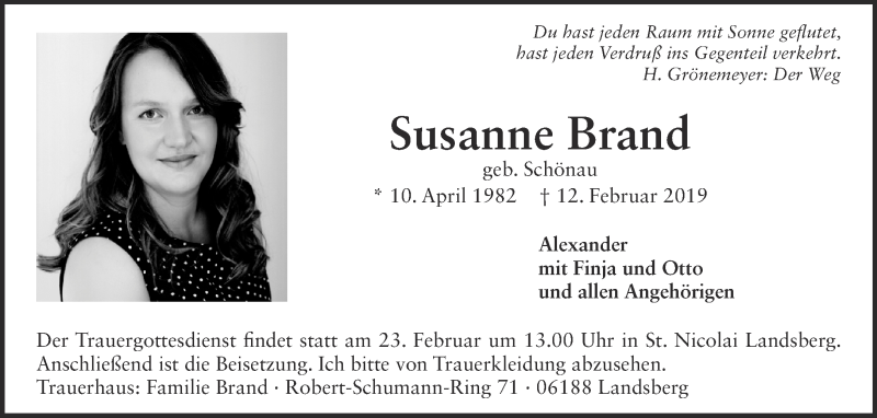  Traueranzeige für Susanne Brand vom 16.02.2019 aus 