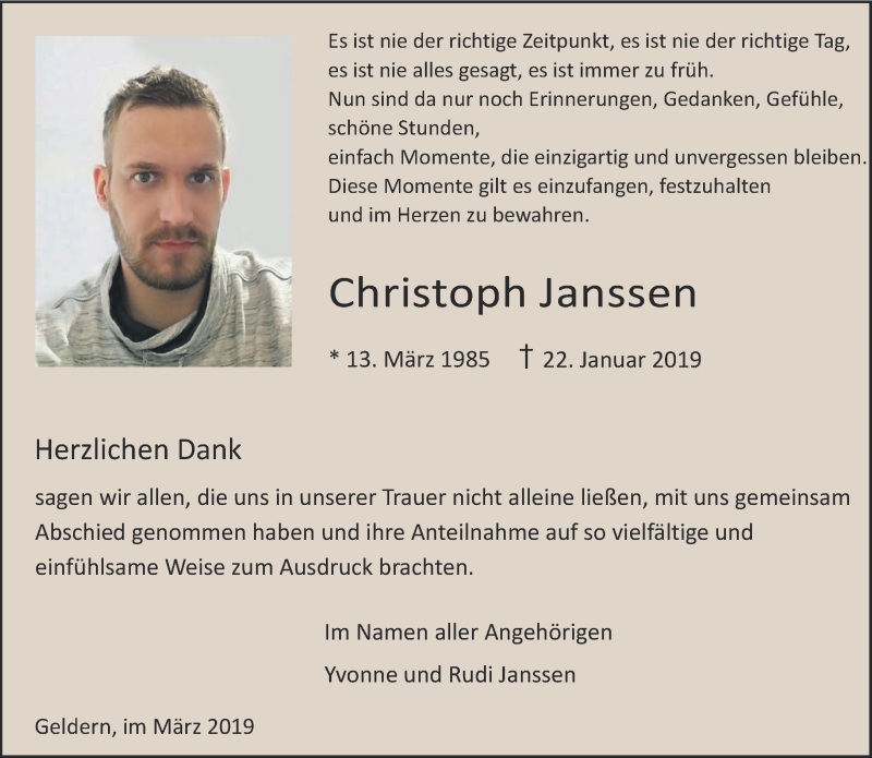  Traueranzeige für Christoph Janssen vom 09.03.2019 aus 