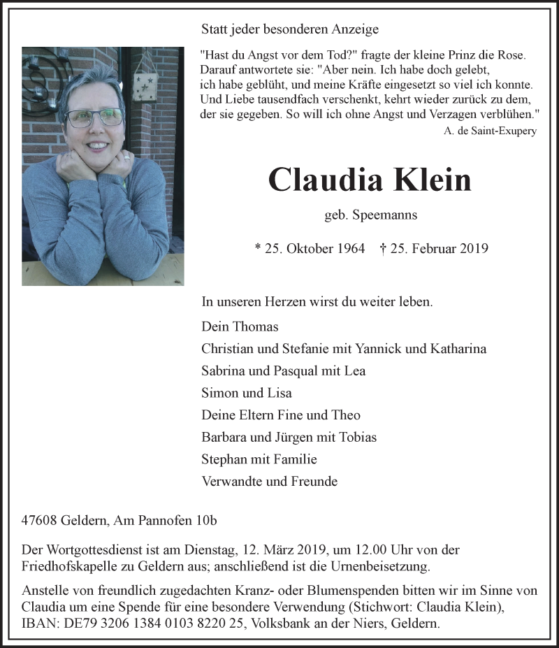  Traueranzeige für Claudia Klein vom 09.03.2019 aus 