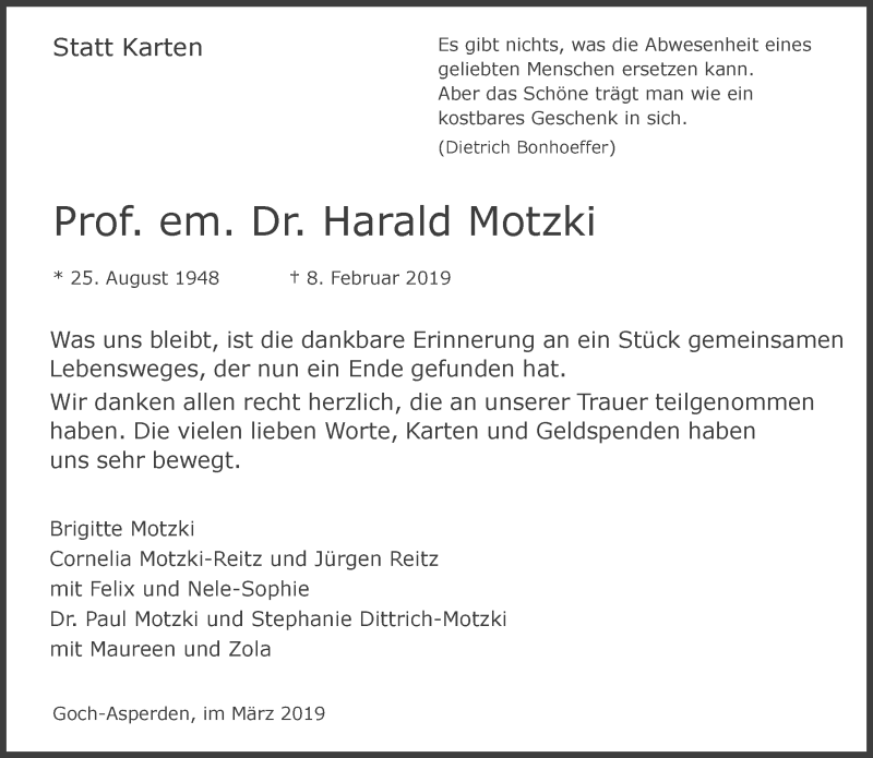  Traueranzeige für Harald Motzki vom 09.03.2019 aus 