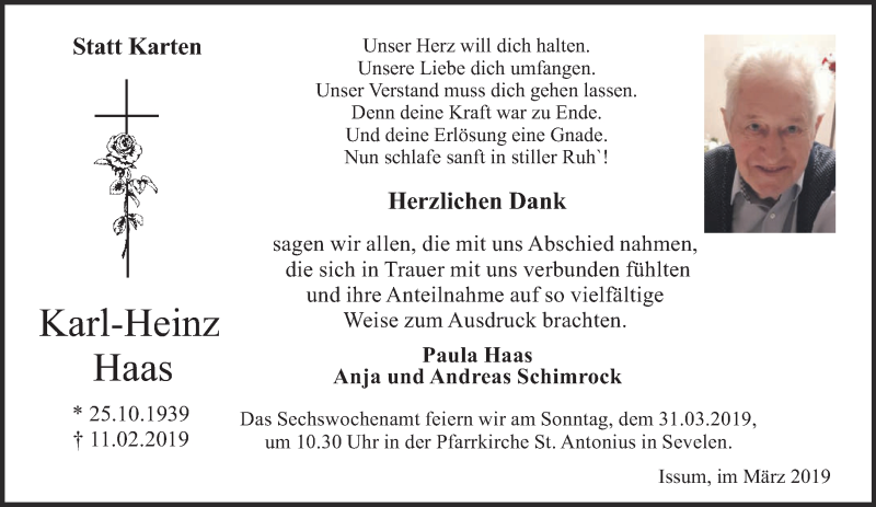  Traueranzeige für Karl-Heinz Haas vom 23.03.2019 aus 